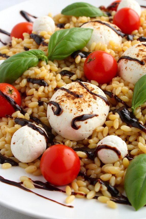 caprese orzo with balsamic glaze
