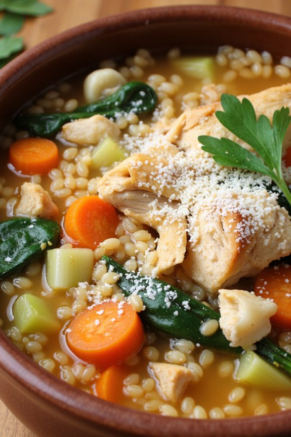 hearty chicken and farro soup