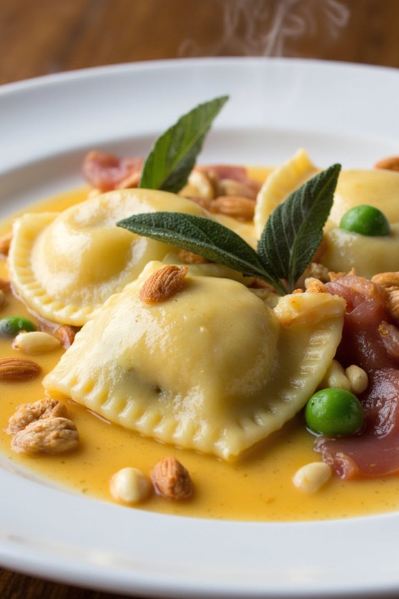homemade prosciutto pea ravioli