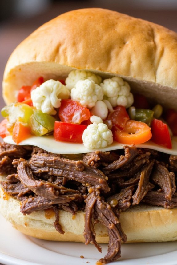 savory beef tangy giardiniera sandwich